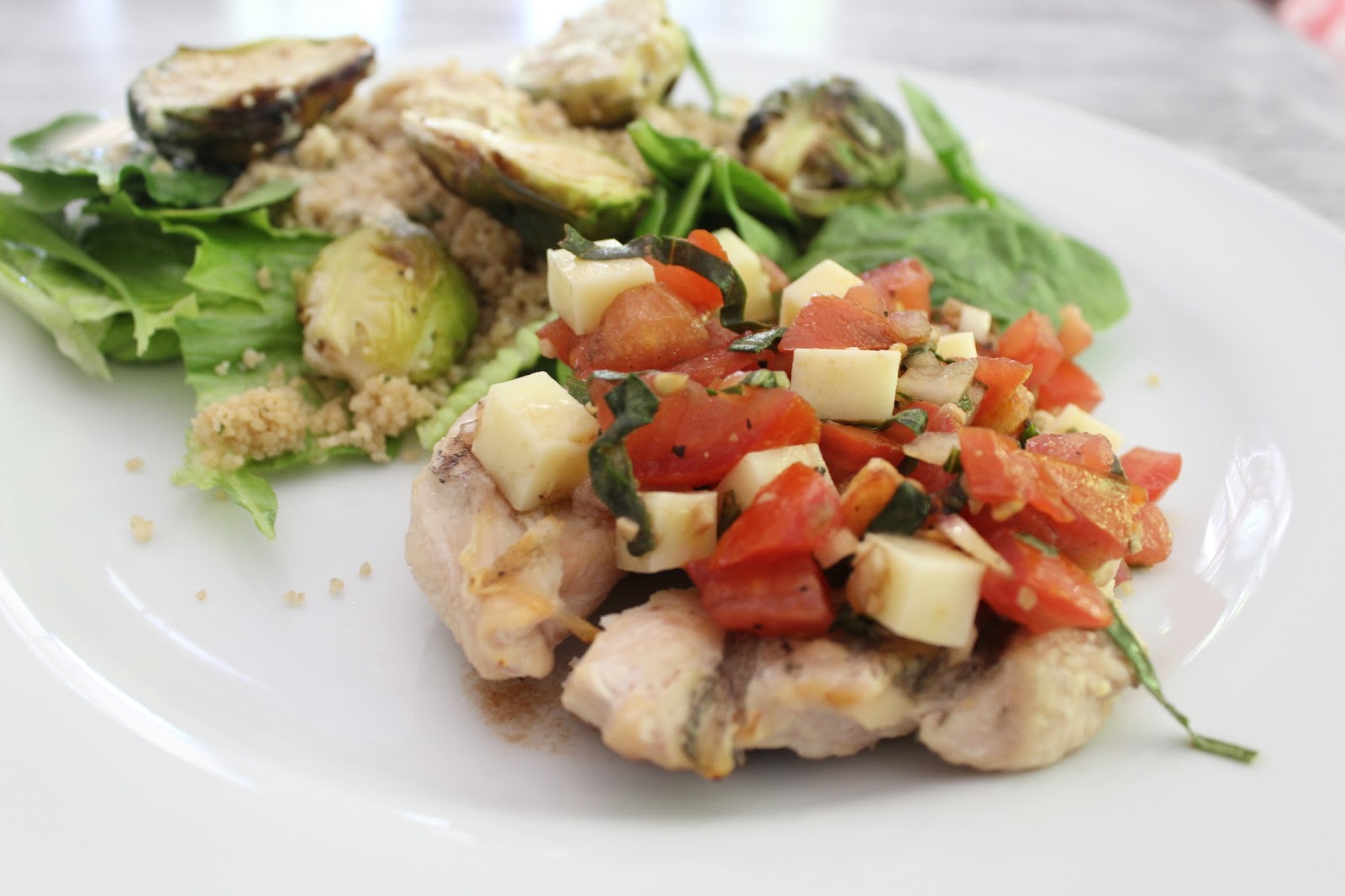 Cottage and Vine Grilled Chicken Bruschetta With Roasted Brussels