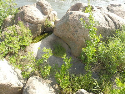 вид на скалу с тремя колодцами в граните и на реку Южный Буг