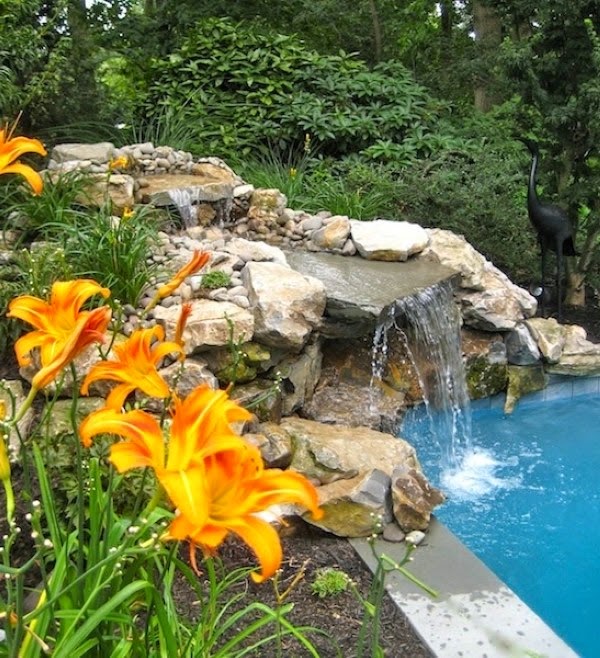 A relaxing garden and backyard waterfalls