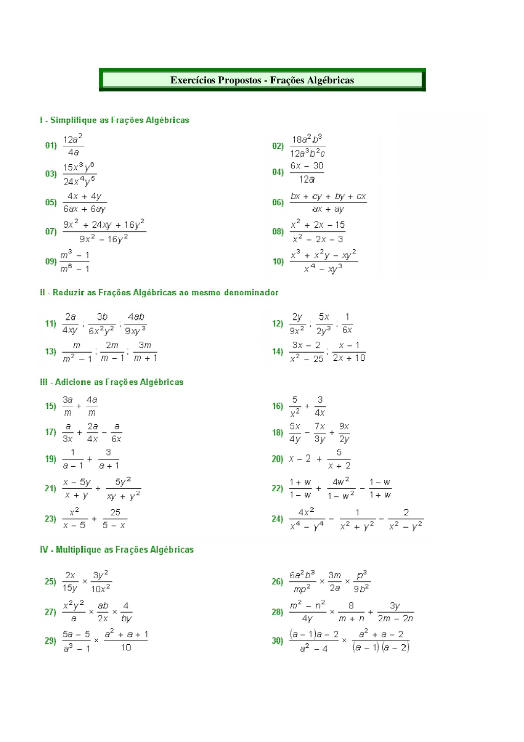 Exercícios operações com frações adição subtração multiplicação e divisão Fracoes Algebricas Exercicios Com Respostas Atividades De Matematica