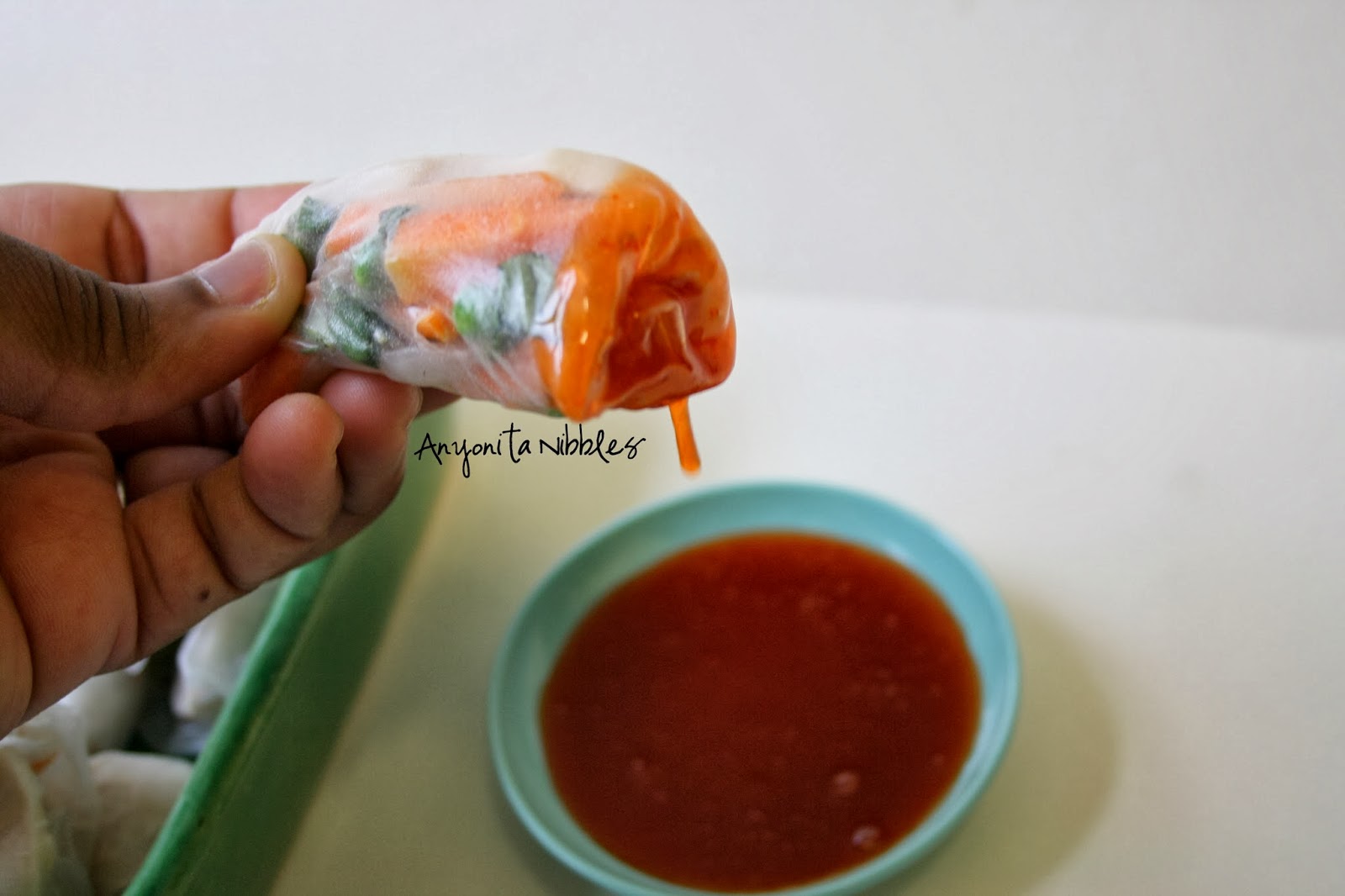 Chicken Rice Paper Rolls with easy honeyed Sriracha dip