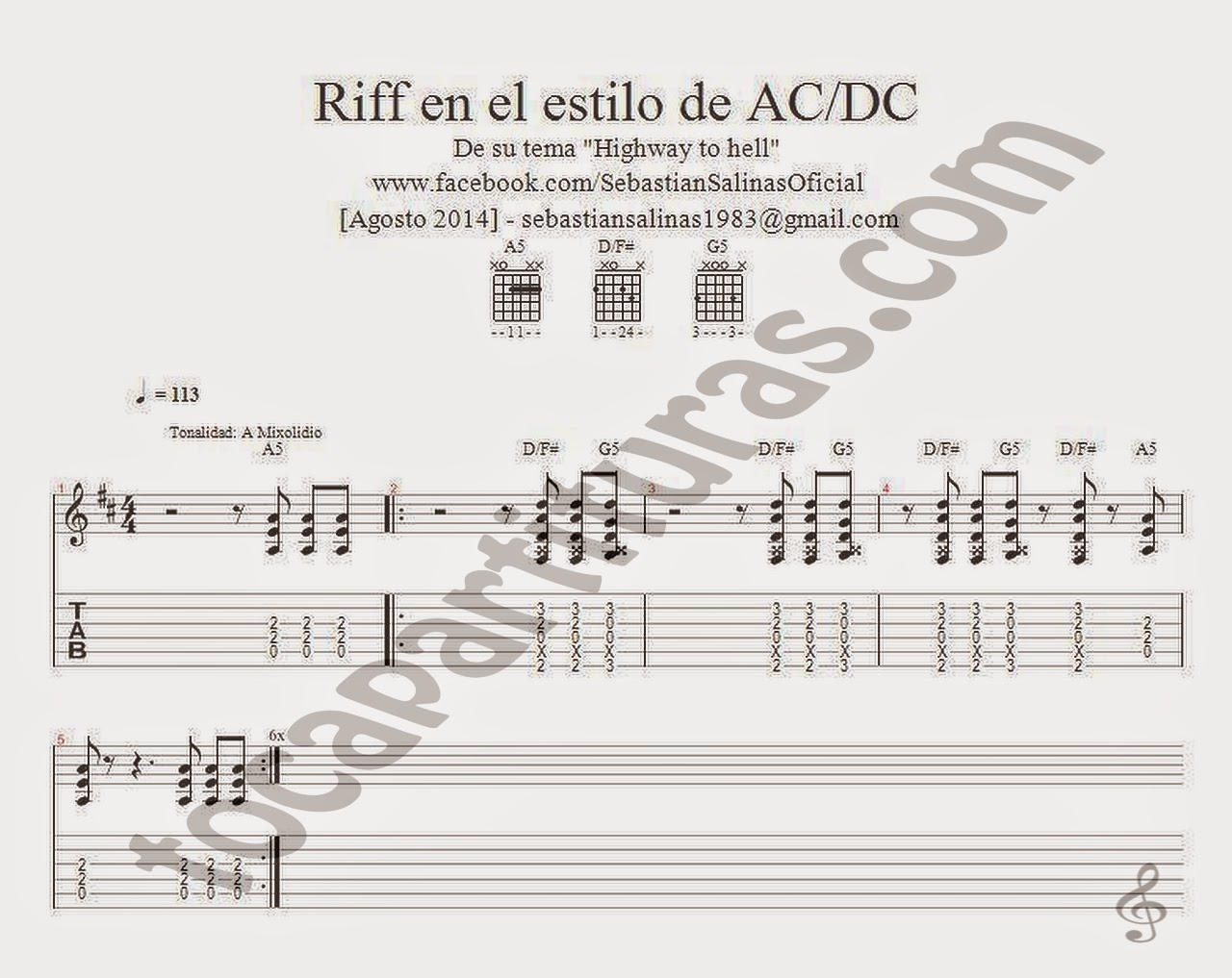 tocapartituras: Riff estilo de AC DC Partitura y Tablatura de Guitarra ...