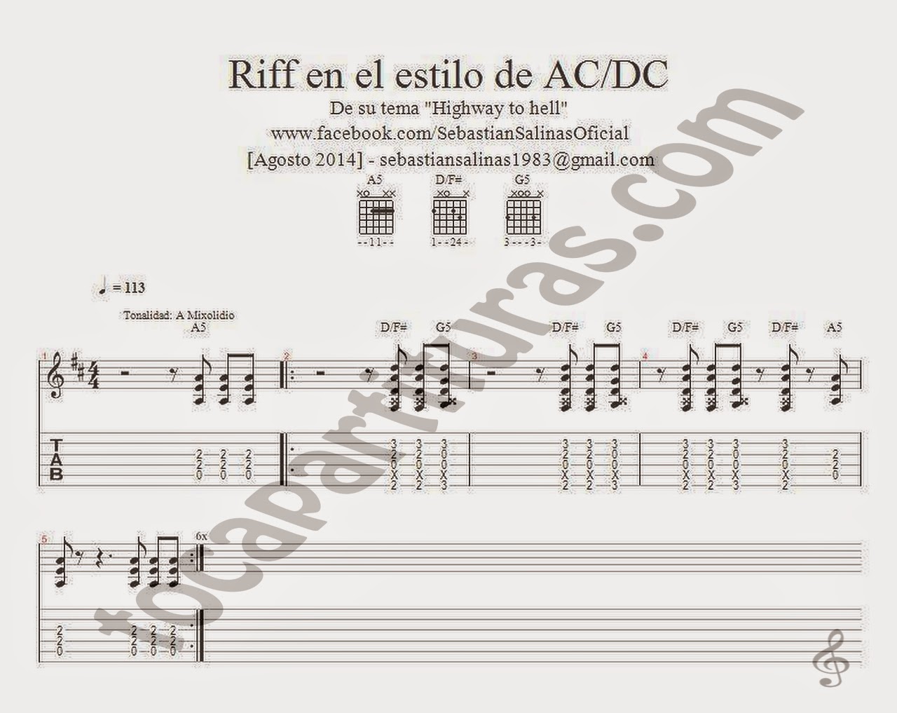 Tablatura con Acordes para Guitarra del Riff estilo AC/DC Highway to hell Sheet Music Tablature for easy guitar with chords Lead sheet