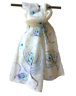 Handmade Merino Felt scarf by Mimi Pinto with Peacock Feathers