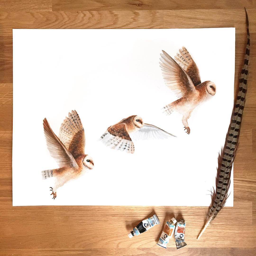 03-Owl-in-Flight-K-Schwarzoviously-Wildlife-Animal-Paintings-www-designstack-co