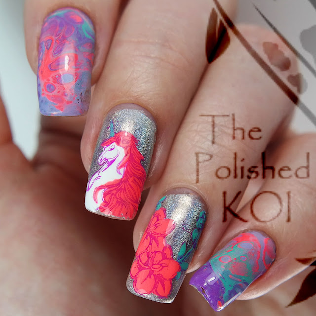 Neon fluid art drip marble unicorn nail art 