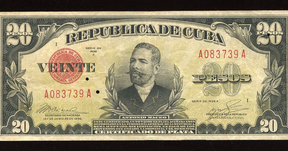 Cuba banknotes 20 Pesos Silver Certificate banknote 1936 Cuba banknotes 20 Pesos Silver Certificate banknote 1936