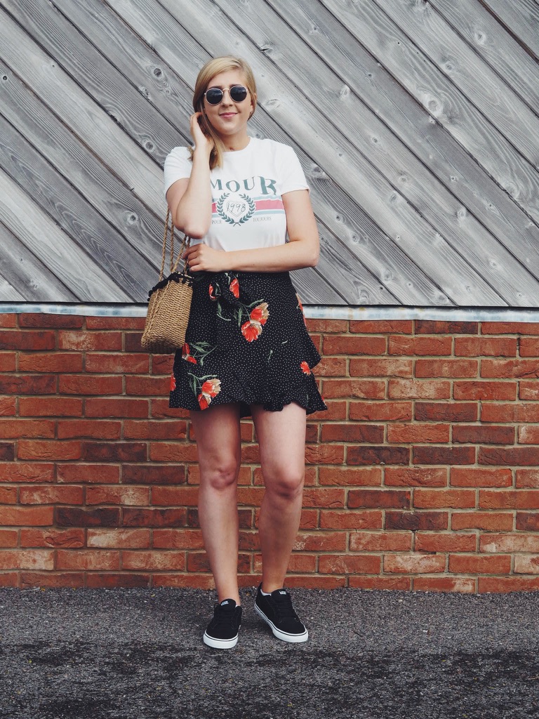 fbloggers, fashionbloggers, ootd, outfitoftheday, wiw, whatimwearing, asseenonme, topshop, topshopoutfit, amourtop, zarabasketbag, floralskirt, vanstrainers, primarkraybansunglasses, lotd, lookoftheday, fashionpost