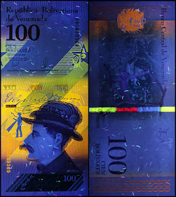 Venezuela Currency 100 Bolivares Soberanos banknote 2018 under ultraviolet light