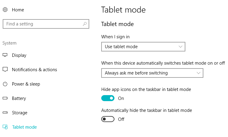Windows 10 tablet mode
