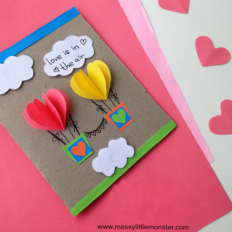 Heart hot air balloon paper craft for kids with free printable template. A 3D 'love is in the air' card to make for someone you love on Valentine's day or just because! 