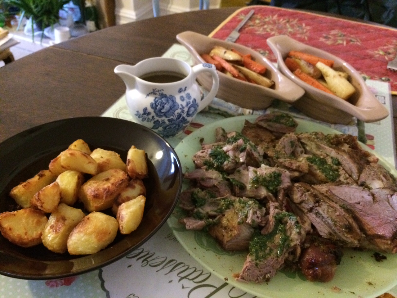 Moles Munchies Roast leg of lamb, roast potatoes and root vegetables