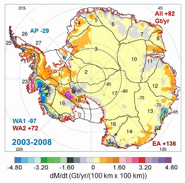Aumento da massa de gelo antártico segundo o ICESat entre os anos 2003-2008. Credits Jay Zwally-Journal of Glaciology.