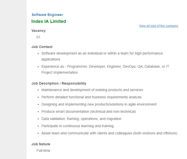 index ia limited position software engineer jobs opportunity software engineer job description