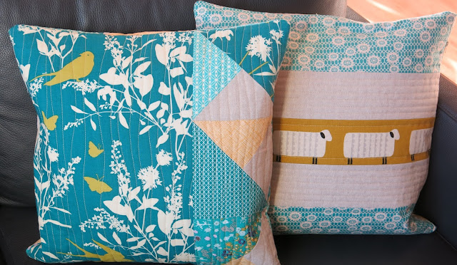 Teal and mustard yellow quilted cushions - Back side