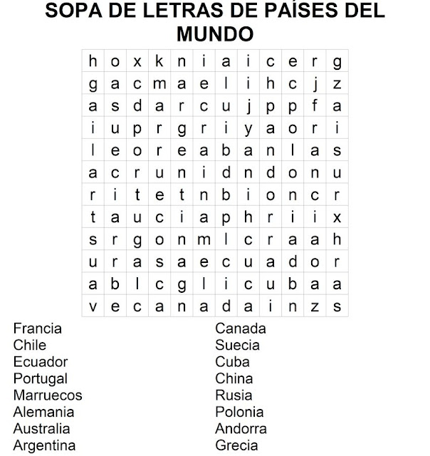 Sopa de letras de nombres de países del mundo para imprimir