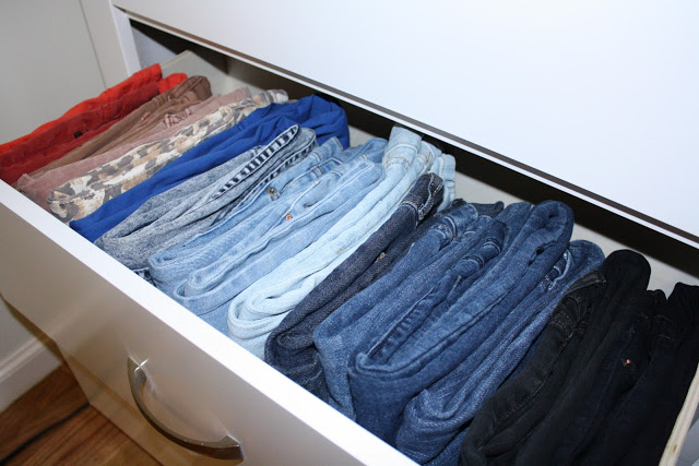 Jeans and pants organized sideways in a drawer :: OrganizingMadeFun.com
