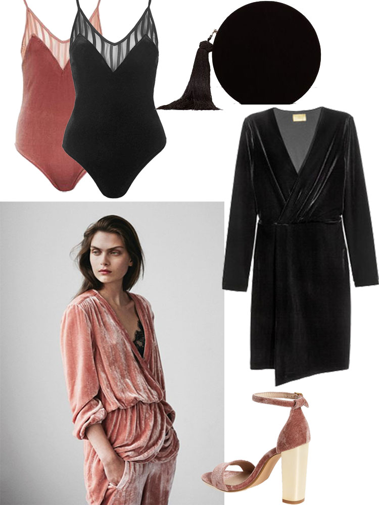 velvet fashion black velvet dress, black wrap dress, velvet dress, velvet fashion, velvet bodysuit, pink bodysuit, black bodysuit, black clutch, holiday clutch, holiday fashion, what to wear to a holiday party, velvet clutch, velvet bag, pink velvet dress, pink velvet shoes, women's fashion