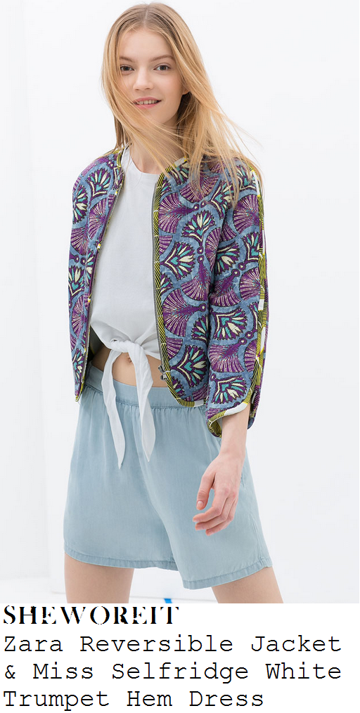 lauren-pope-zara-multicoloured-fan-print-reversible-bomber-jacket-and-miss-selfridge-white-trumpet-hem-mini-dress