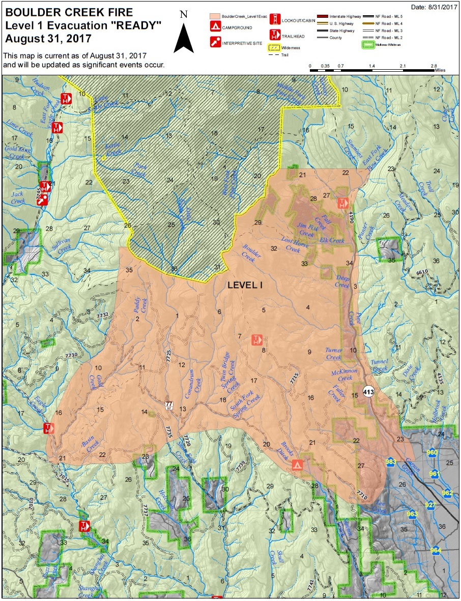 Blue Mountain Fire Information Boulder Creek Fire, Level 1 Evacuation "READY" August 31, 2017