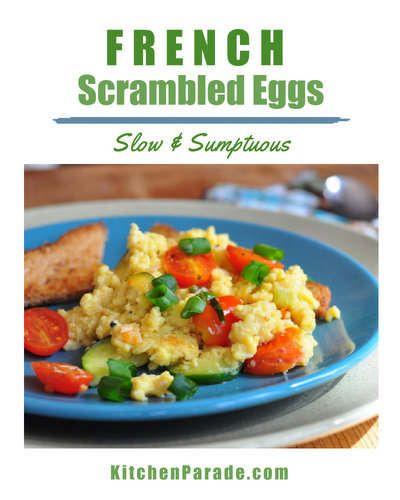 French Scrambled Eggs ♥ KitchenParade.com, eggs cooked low and slow, with a few vegetables. Sumptuous! Naturally Gluten Free. High Protein. Weight Watchers Friendly.
