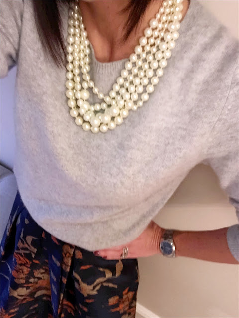 My Midlife Fashion, J Crew pearl twisted hammock necklace, marks and spencer pure cashmere crew neck jumper, marks and spencer jacquard a line skirt, zara court shoes