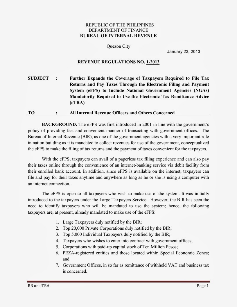 BIR RR No. 1-2013 mandated EFPS of Government Agencies 