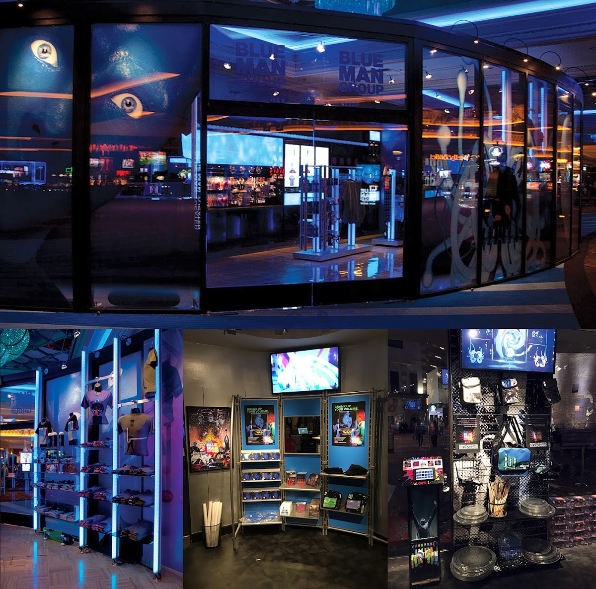Collage of photos from the different Blue Man Group stores