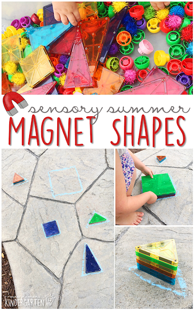 Sort shapes with this Magnatile sensory bin, a perfect outdoor activity for summer tot school, preschool, or kindergarten!