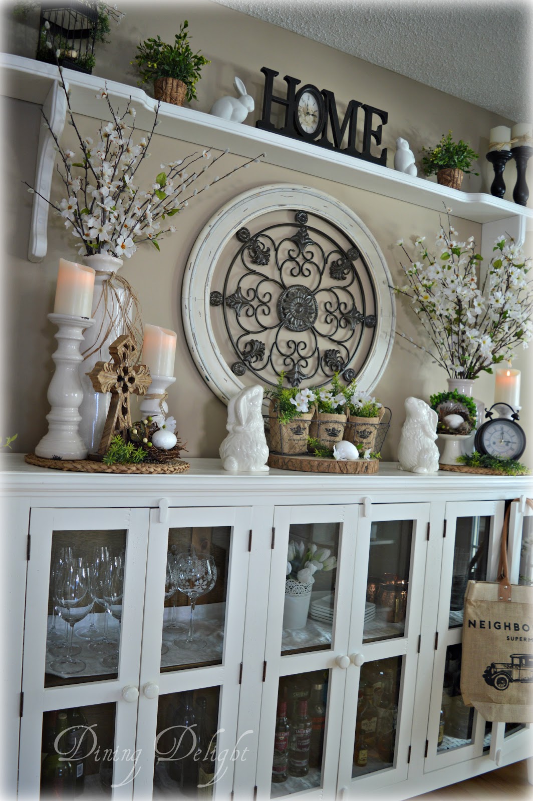 Dining Delight Easter Decor on Kitchen Sideboard
