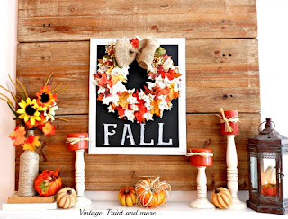 Vintage, Paint and more... Fall mantel done with a DIY paper leaf wreath, chalkboard and a rustic lantern