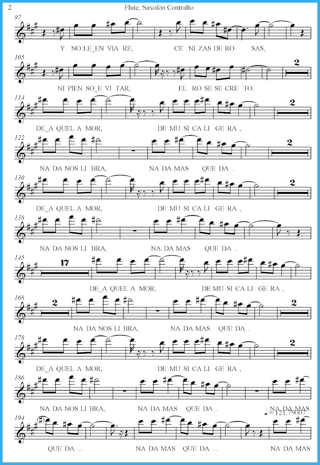 Partitura de De Musica Ligera para saxo (version merengue) - Partituras