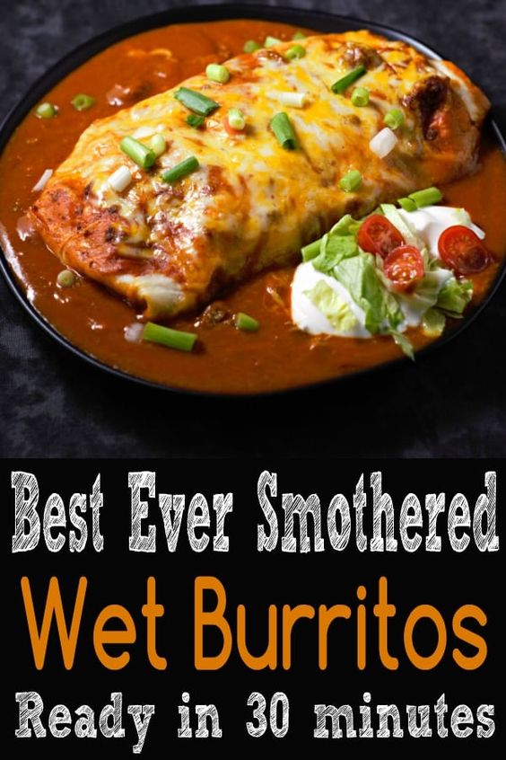 These beef and bean wet burritos are smothered with red sauce and melted cheese. Top with your favorites such as guacamole, sour cream, lett...