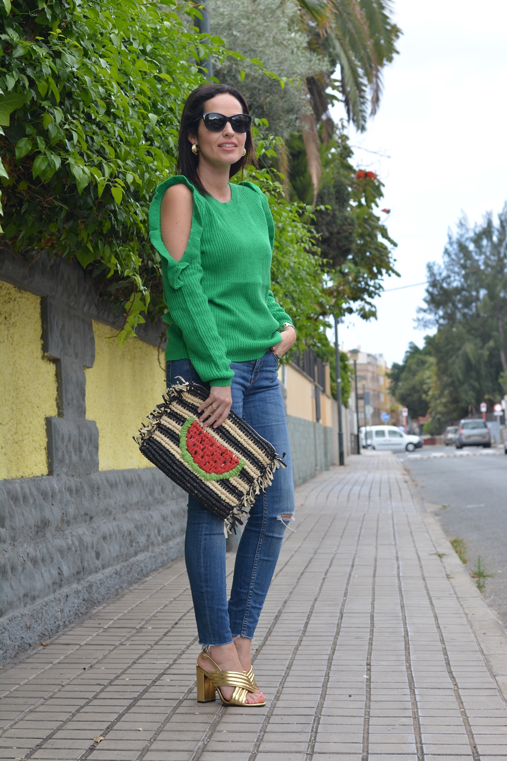 green-sweater-watermelon-clutch-outfit