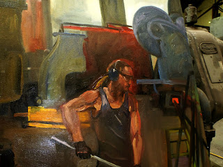 Oil painting of blacksmith forging in the Australian Technology Park, Eveleigh Railway Workshops by industrial heritage artist Jane Bennett