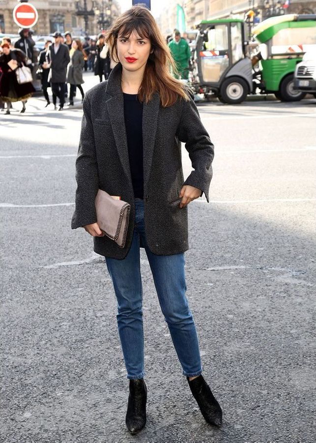 Jeanne Damas Fall Outfit Inspiration – French Girl Style With Blazer, Sweater, Jeans and Black Booties