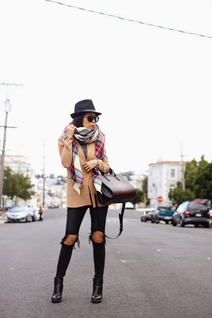Asos oversized plaid blanket scarf, Target plaid scarf, how to, fedora hat, karenwalker harvest sunglasses, alexander wang bag, nude blazer, street style, Unif jeans, missguided chelsea boots, pfw, shallwesasa, baublebar 360 pearl studs, ily couture ring pack,san francisco, fashionblog