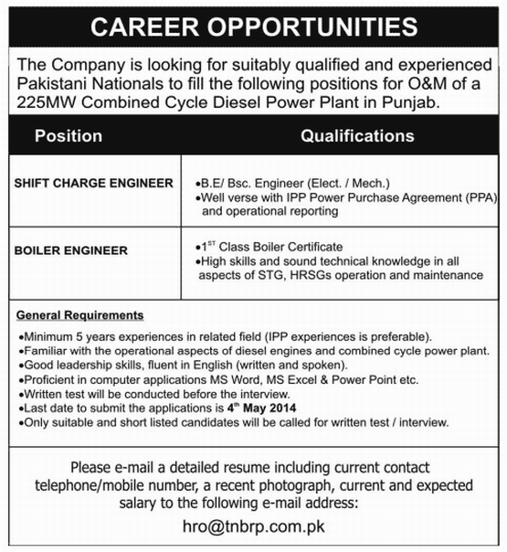 Diesel Power Plant Job, Shift Charge Engineer, Boiler Engineer 2014 3JiG