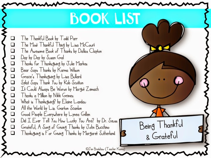 Free list of picture books that will inspire your kids to be thankful.  TeacherKarma.com