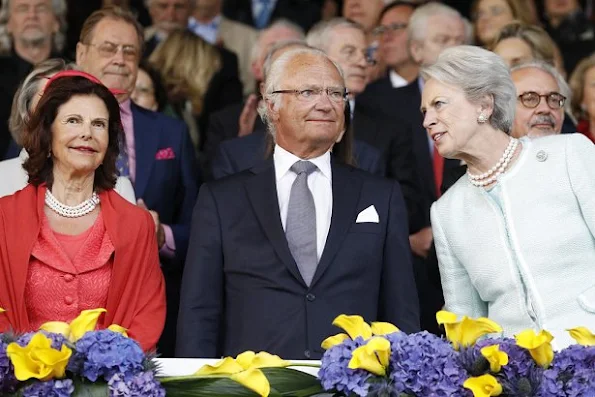 Queen Silvia, Princess Benedikte of Denmark and King Carl Gustaf at the opening ceremony of CHIO Aachen 2016, Germany. Style royals, fashion style