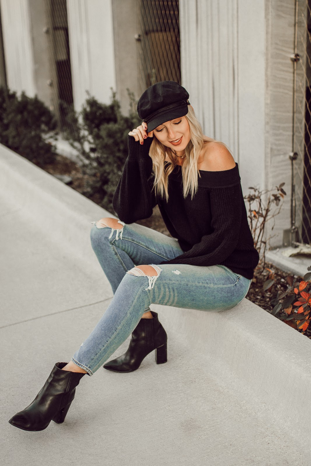 distressed jeans, off the shoulder sweater