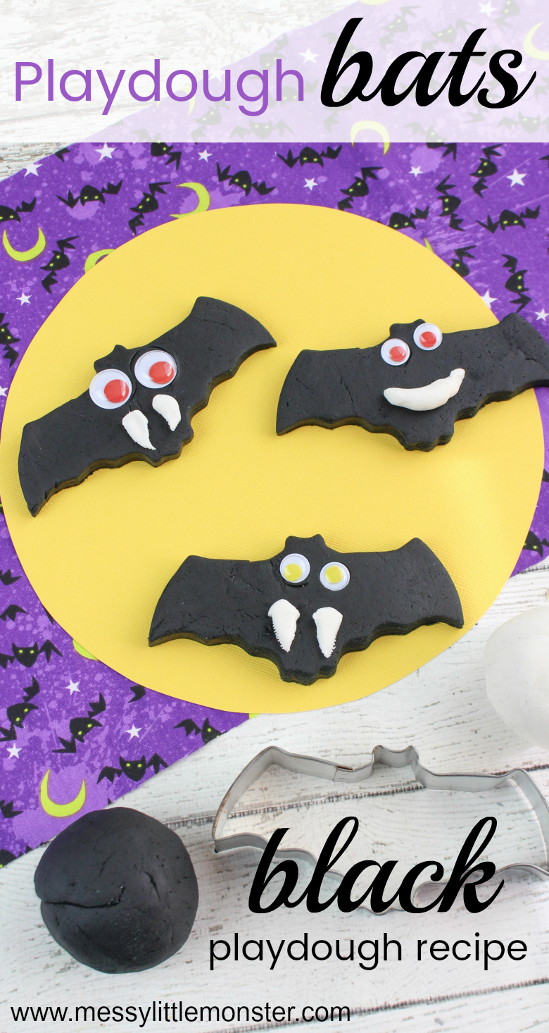 Use our black playdough recipe to make a Halloween bat or two! Bat activities for preschoolers like this are perfect for anyone looking for sensory halloween activities that kids will LOVE!