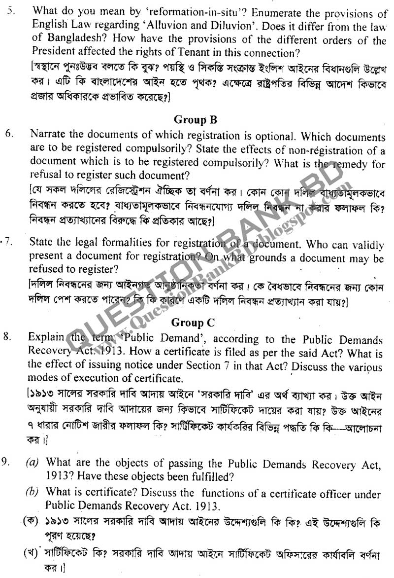 Question Bank BD Land Law, Land Surveys of Bangladesh and the Public Demand Recovery Act NU