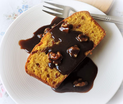 Pumpkin Pound Cake with a Caramel Walnut Sauce