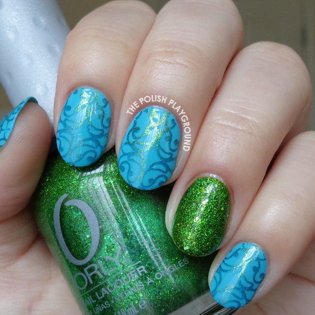 Bright Blue with Golden Green Swirly Pattern Stamping Nail Art