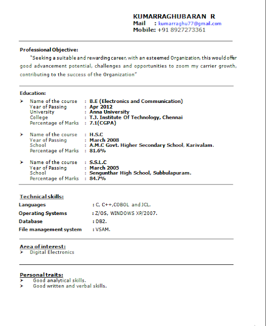 perfect resume format for freshers