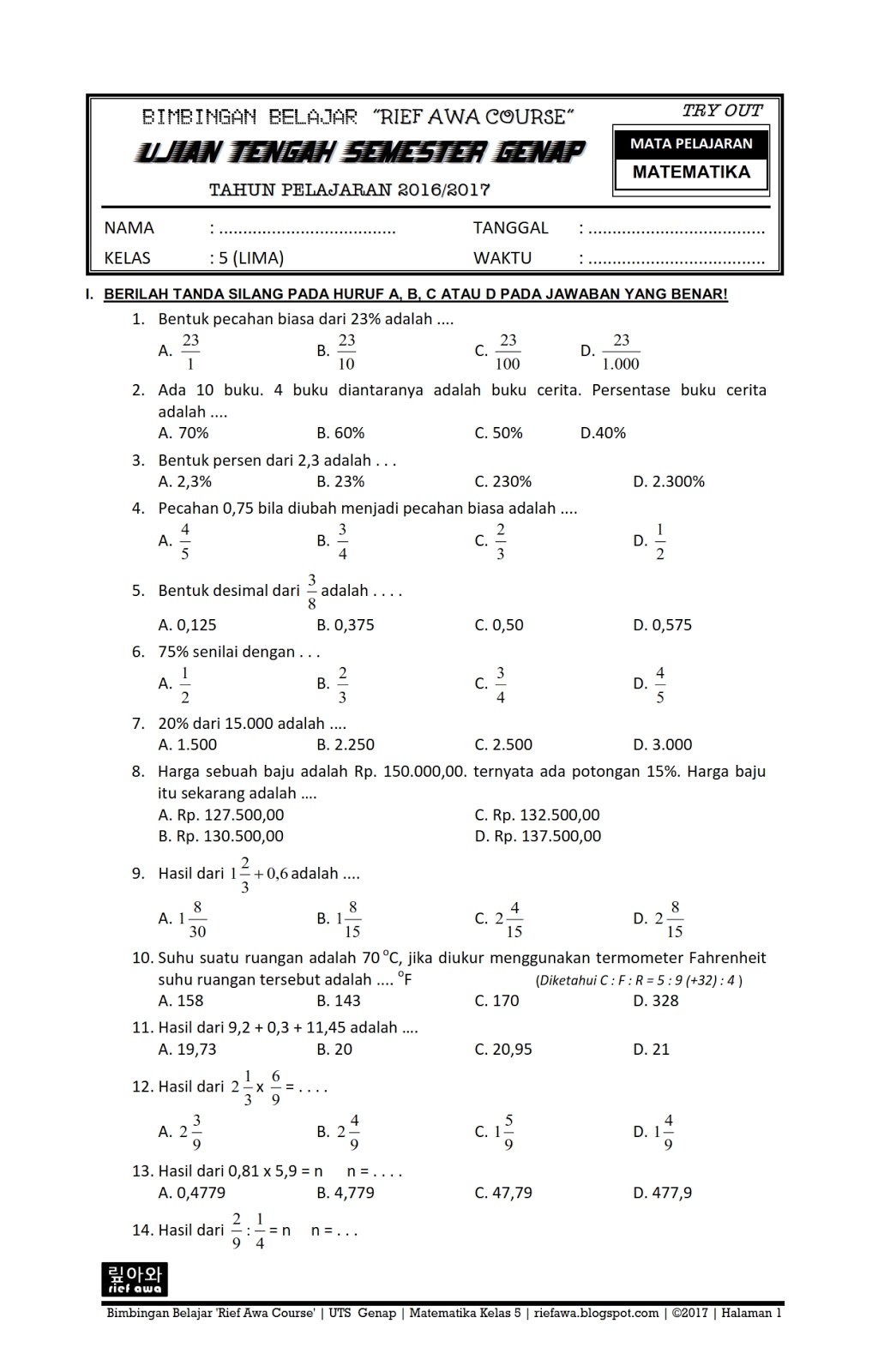 Download Soal UTS Genap Matematika Kelas 5 SD  MI Semester 