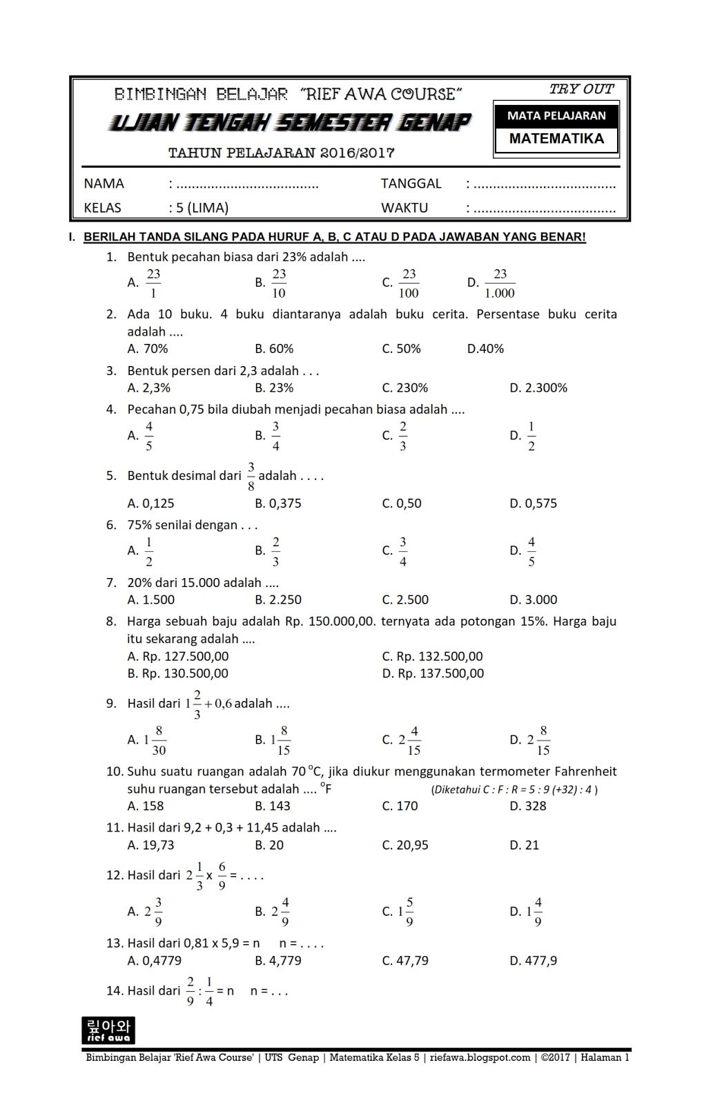 Download Soal UTS Genap Matematika Kelas 5 SD\/MI Semester 2 Terbaru 2017 ~ Rief Awa Blog 