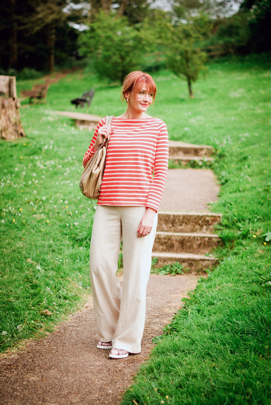 Loose, comfy summer style: Orange Breton stripe top wide leg cream trousers pink snakeskin shoes rose gold aviators | Not Dressed As Lamb, over 40 style