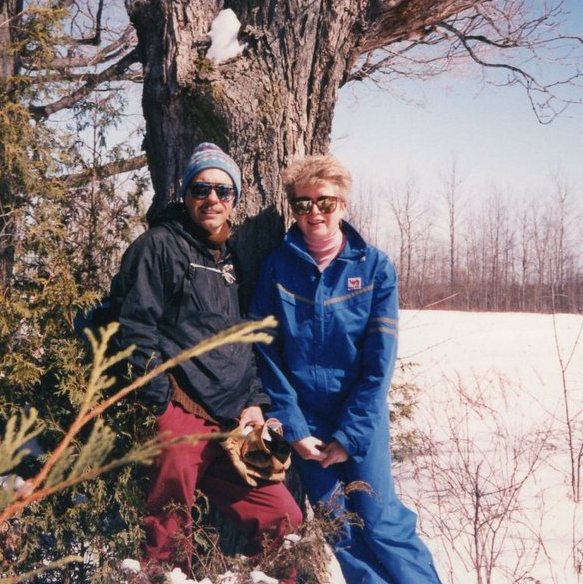 Our Healthy Eating Journey: Cross-country skiing in Marlboro Forest 1987 man and woman leaning against a tree in a field in winter
